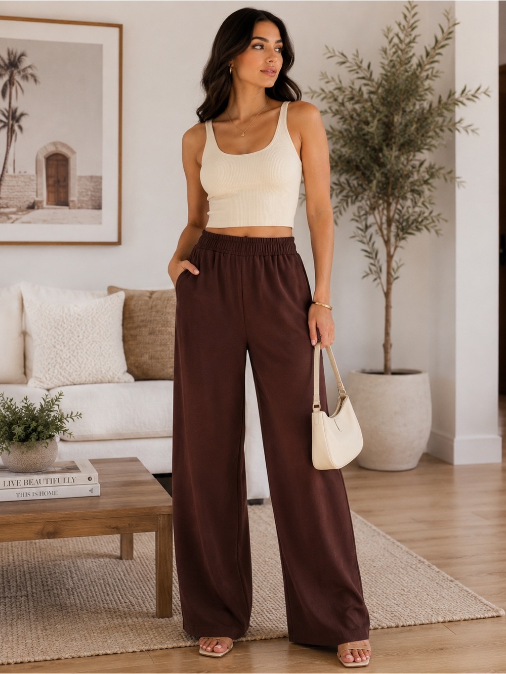Zara High-Waist Wide Leg Pants in Chocolate Brown - Picture 1 of 5
